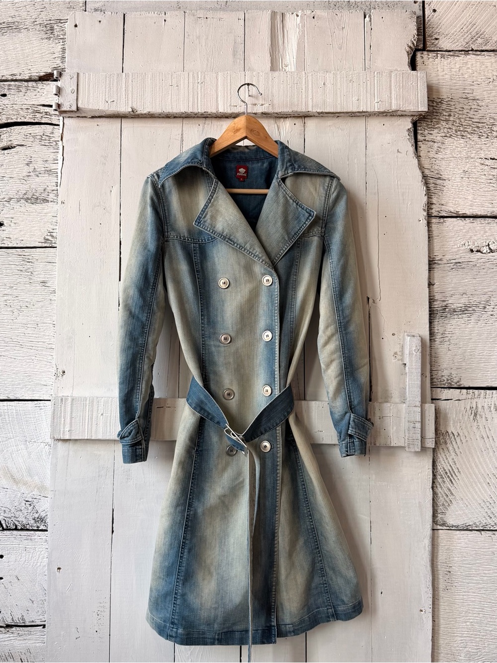 Vintage Y2K Killah by Miss Sixty long denim trench coat in a beautifully faded